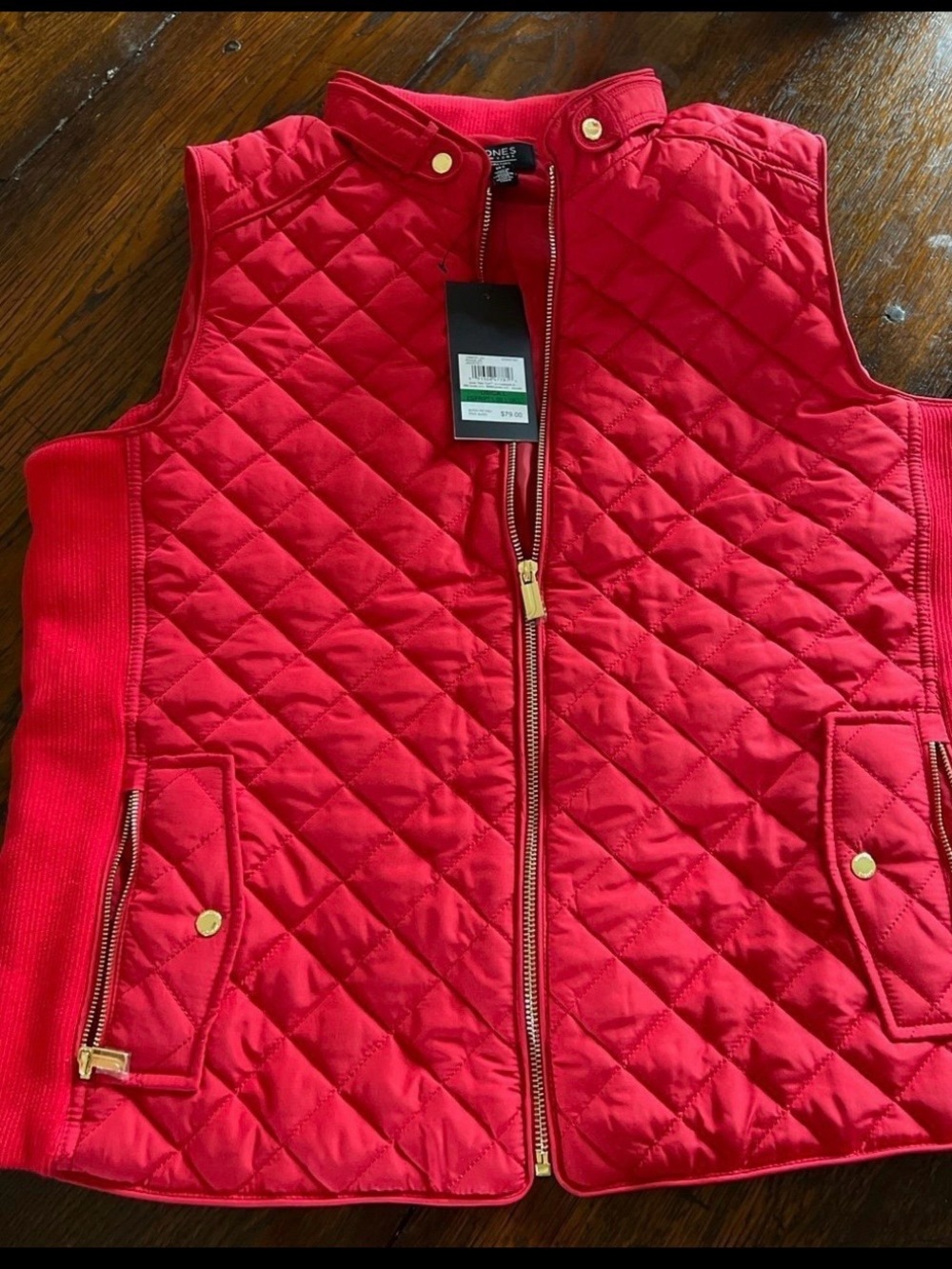 Jones New York Quilted Red Sleeveless Vest with Gold Hardware